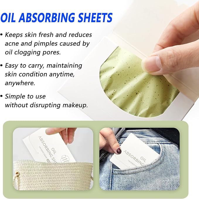 Natural Face Oil Blotting Paper -Bamboo Charcoal 600 Counts, Easy Dispensing Oil Absorbing Sheets, Premium Handy Facial Blotting Papers - Face Skin Care or Beauty Make Up Must Have (White-Green Tea)