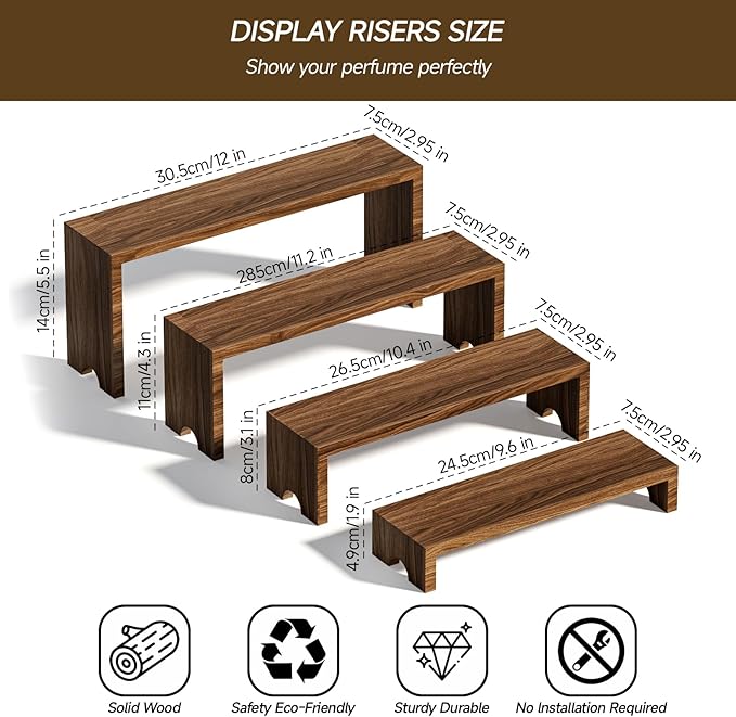 4 Tier Large Display Wooden Riser Stand 2 Set Decorative Rectangular Wood Racks 8 Pieces Stackable Perfume Organizer Cologne Stand Wood Dessert Table Display Set for Vendor Events (Dark Brown, 8PCS)