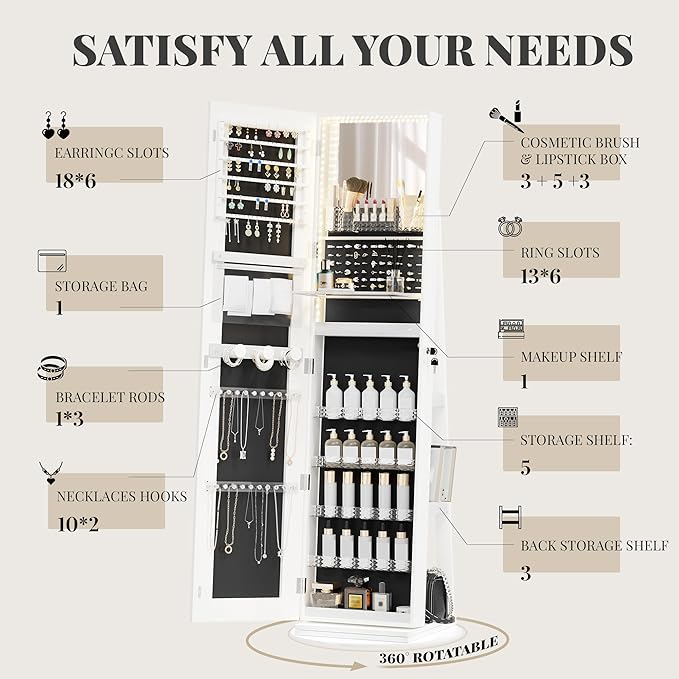 Mirror Jewelry Cabinet Standing, Jewelry Armoire with Full-Length LED Mirror and Adjustable Lights, 360° Swivel Jewelry Organizer Storage, White