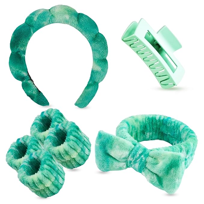 Yaqulen 7 Pcs Spa Set, Facial Headband and Wristband Set, Skincare Accessories, College Style Girl Idea Gifts, Hair Accessories for Women and Girls (Tie Dye Green