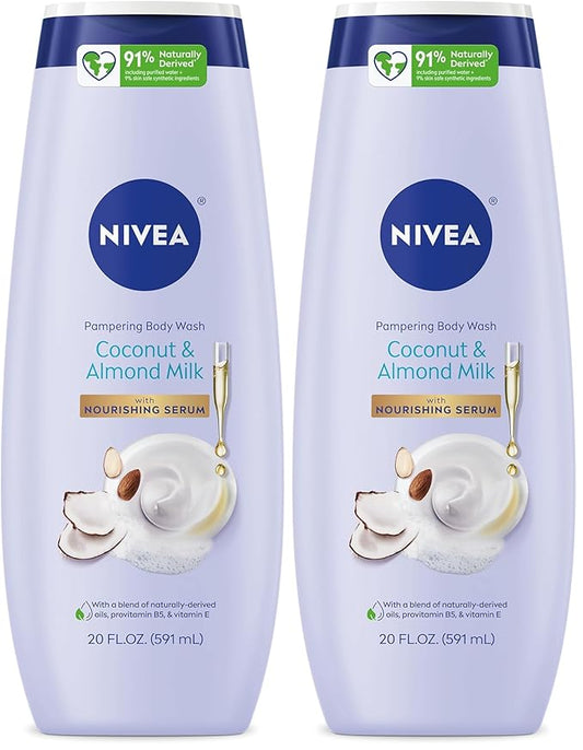 NIVEA Pampering Coconut and Almond Milk Body Wash with Nourishing Serum, Moisturizing Body Wash for Women, Enriched with Provitamin B5 and Vitamin E, 20 Fl Oz Bottle (Pack of 2)