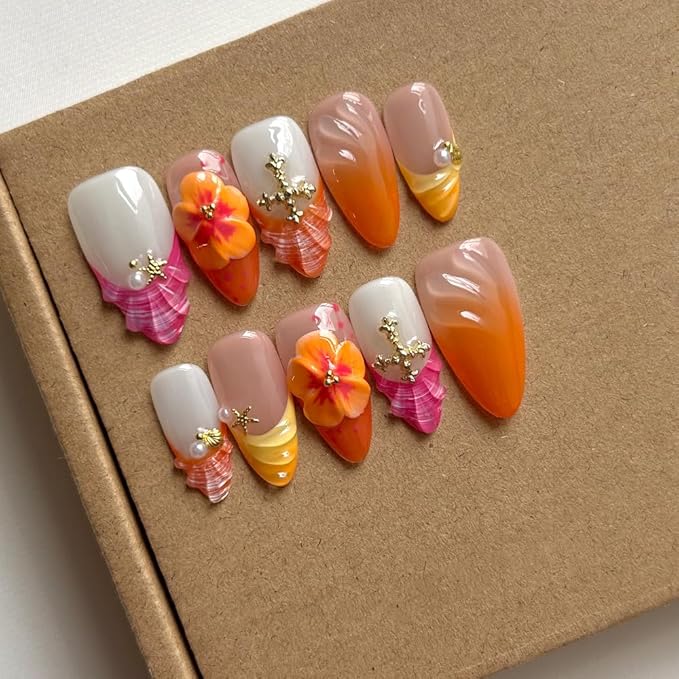 MAGLFELL Press On Nails Medium Almond Nails, Handmade 3D Design Fake Nails with Thick Acrylic Multi-Layer Gel Nails, Reusable Durable DIY Artificial Nails for Women (10 Pieces)