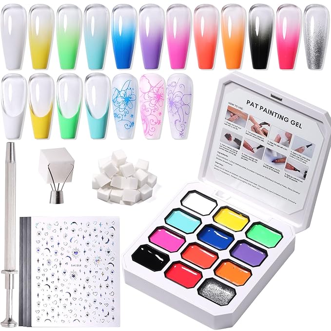 GELLAKTIK 12 Color Patting Nail Gel Polish Kit, Ombre Painting Gel Palette with Sponge Applicators & Nail Art Stickers for Blush Blooming Floral Aura French Manicure DIY Nail Art Palette