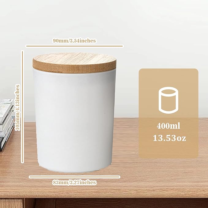 Ezebesta 3PCS Farmhouse 13.53oz White Bathroom Canisters with 12 Labels & Wooden Lid Thick Glass Jar Set Qtip Holder for Cotton Ball & Pads Storage Organization Minimalist Decor