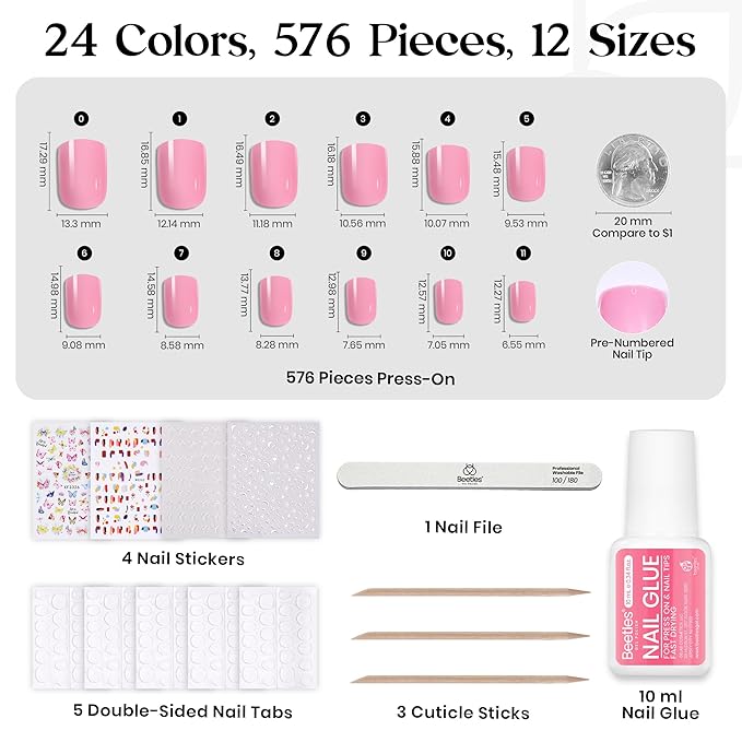Beetles Press on Nails Kit 576Pcs 24 Colors, Short Square Press on Nails Glossy Matte With Nail Glue & Nail Tabs Stickers, Natural Fit Lightweight Fake Nails Kit Art For Women