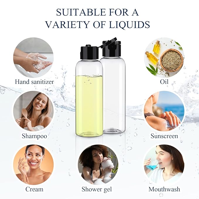 Zubebe 36 Pcs Plastic Travel Bottles with Disc Top Flip Cap Empty Refillable Squeeze Travel Containers for Shampoo Lotions Cream Toiletries Liquid Body Soap (Clear and Black, 4 oz)