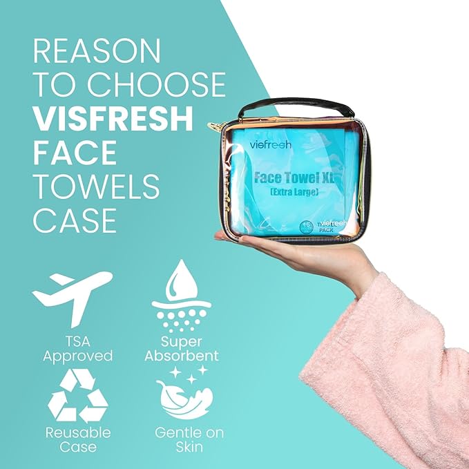 Disposable Face Towel Travel Case with 15 Count XL Refillable Towels – Slim, Lightweight, Waterproof, Transparent Skincare Organizer for Women, Moms, Gym, Camping, and Travel – Visfresh