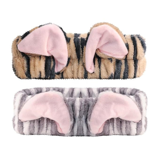 PERFECTSIGHT Kawaii Headband for Spa, Makeup, Washing Face, Party - 2 Pack Cute Hair Band for Shower Beauty Skincare, Soft Facial Headbands for Girls and Women, Black+Gray Cat Ear