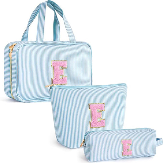 Personalized Initial Toiletry Makeup Bag - Travel Cosmetic Bag for Mom,Niece,Teen Girl Birthday Gifts - Blue E
