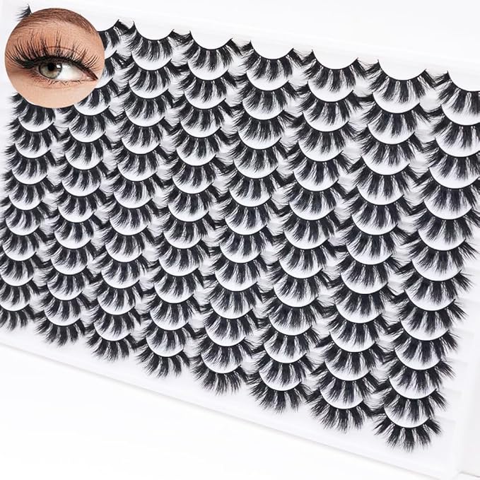 False Eyelashes 48 Pairs Faux Mink Lashes 14mm Wispy Lashes 3D Fluffy Cat Eye Lashes Pack Bulk Wholesale Strip Lashes(style 48-034)