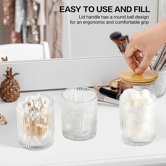 NEECZS 3 Pack Qtip Holder Bathroom Set,Cotton Pad Ball Swab Holder Cotton Round Floss Pick Dispenser with Tray,Glass Apothecary Jars with Lids,Bathroom Organizers and Storage Canisters