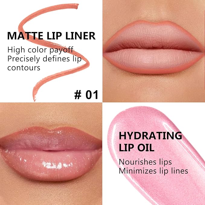 Jutqut Pink Lip Liner and Gloss Lip Kit, Waterproof Long-Lasting Combo Set with Matte Lip Liner Pencil and Non-Sticky Pluming Tinted Gloss, Highly Pigmented Lipliner Set for Women (01 Light Pink)