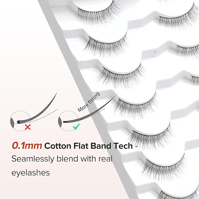 Natural Lashes Eyelashes Wispy Cat Eye Lashes with Thin Band 10mm Lash Strips Siligli Eyelashes 3D Volume Lash C Curl Natural Eyelash Pack 7 Pair