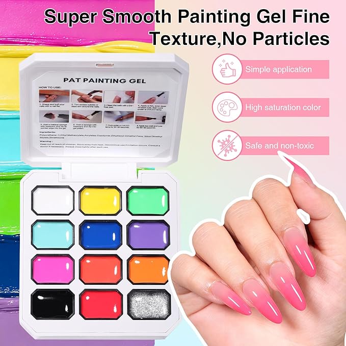 GELLAKTIK 12 Color Patting Nail Gel Polish Kit, Ombre Painting Gel Palette with Sponge Applicators & Nail Art Stickers for Blush Blooming Floral Aura French Manicure DIY Nail Art Palette