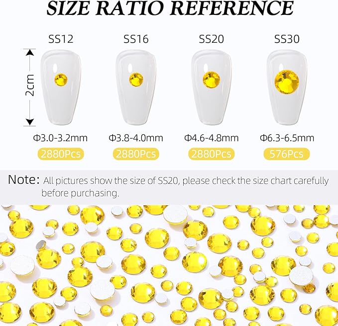 Meibite Yellow Flatback Rhinestones, Glass Rhinestones for Nail Art and Craft, Glue Fix, Loose Crystal Gemstones(Yellow, SS30, 576pcs, 6.4-6.6mm)