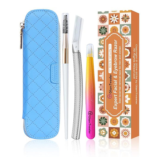 Women's Dermaplane Face & Eyebrow Razor Kit with GlamTweeler Slant Tweezers, Spoolie Brush, and Luxury Leather Storage & Travel Case + 10 Refill Blades (Silver)