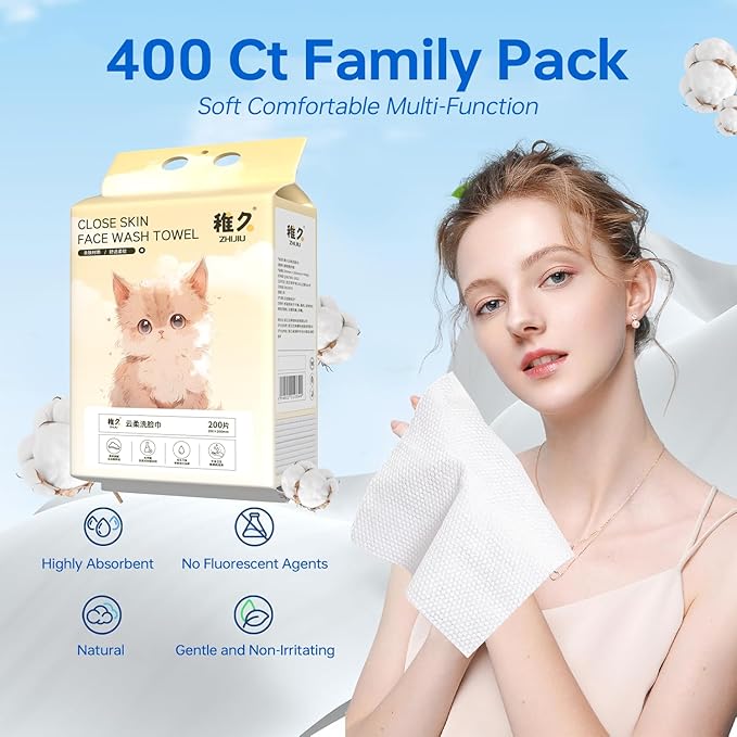 Hanging Disposable Face Towels 2-Pack (400 Count), Wall Mount for Easy Dispensing, Ultra Soft & Lint-Free 8x8 Inch Dry Wipes for Makeup Removal, Sensitive Skin & Daily Skincare