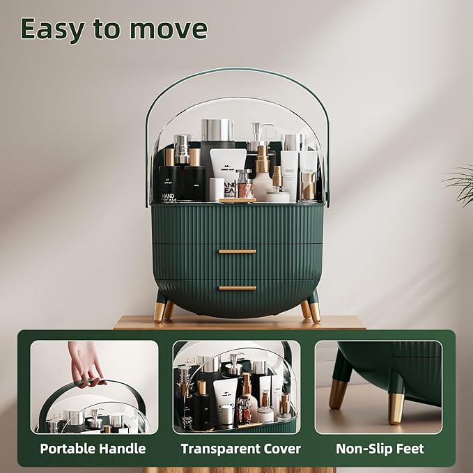 Makeup Organizers Countertop, Makeup organization for Vanity, Cosmetic Storage with Lid and Drawers, Skincare Display Cases with for Desktop, Bathroom (Green)