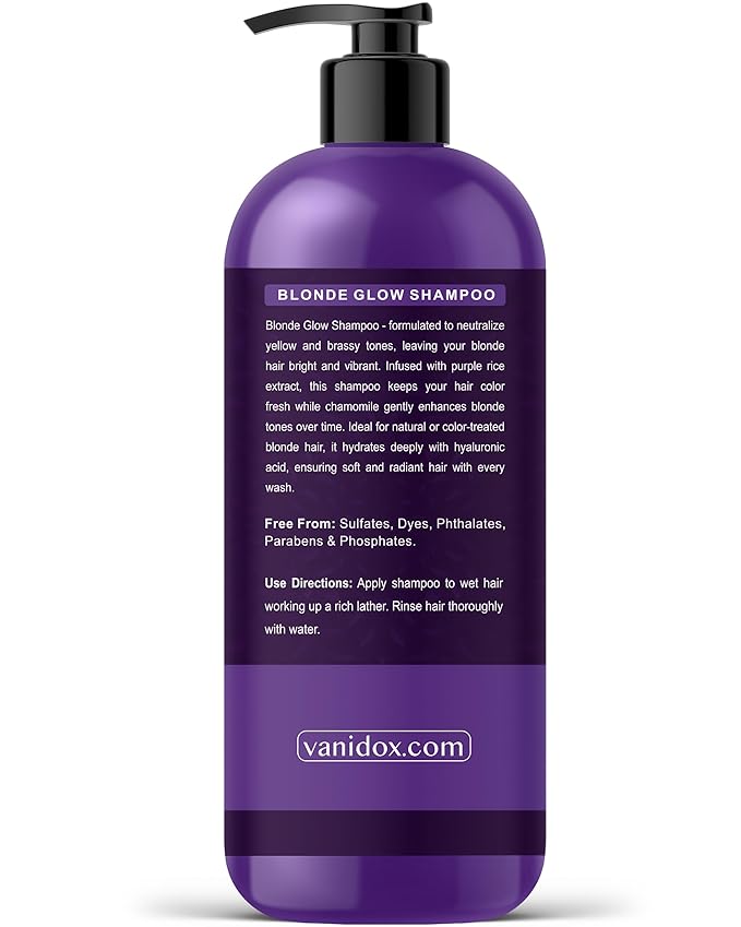 VANIDOX Sulfate Free Brass Toning Purple Shampoo for Blondes, Brown Highlighted, or Bleached Hair, Infused with Purple Rice Extract, Hyaluronic Acid, Vitamin E, and Chamomile Extract (16 fl oz)