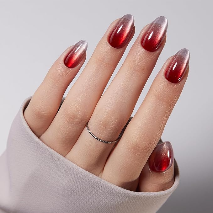 VSALON Press On Nails Short Almond, 32 Pcs 16 Sizes Red Cat Eye Press On Ombre Chrome Fake Nails With UV Cure Glue, Reusable Stick On Nails False Nails Kit Valentines Gifts For Women