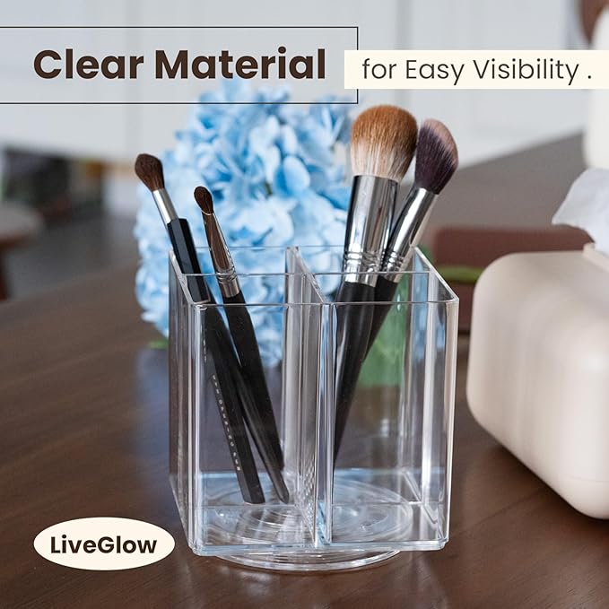 LiveGlow Clear Makeup Brush Holder,Acrylic Rotating 360°Makeup Brush Organizer,Pen holder with 4 Grids,Makeup Holder for Courtup,Containers for Desk,2pc