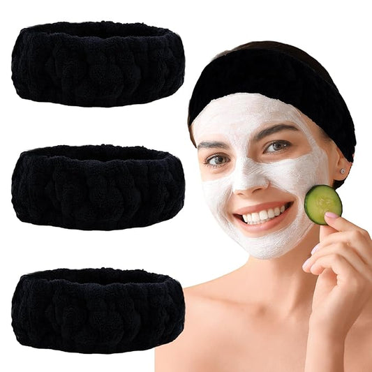 Pejnl Microfiber Spa Headband 3-Pack, Soft Terry Cloth Headband for Washing Face, Facial Mask, Makeup, Shower, Yoga, Gift for Women and Teens (Black x3)