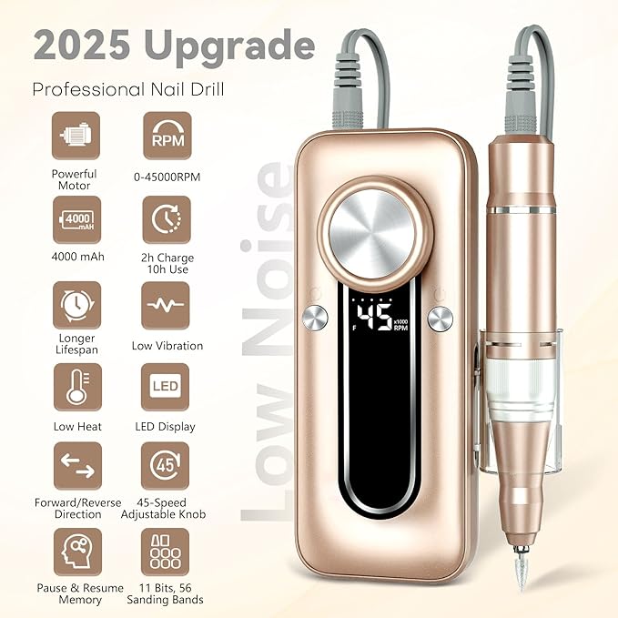 TUOBEO Nail Drill Electric Nail File Kit 45000 RPM Professional Efile Nail Set,Cordless Portable Rechargeable Acrylic Gel Nail Polish Remover Machine Pedicure Manicure Tool with for Salon Home Gold