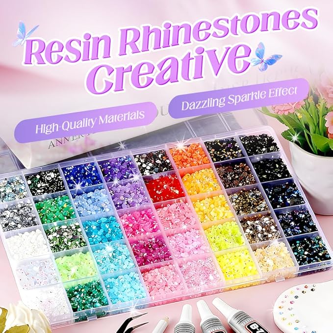 Colorful DIY Resin Rhinestone Kit for Bedazzling, Resin Jelly Rhinestones for Bedazzling, Multicolor 3mm Flatback Gems for Diamond Art 3Pcs B7000 Jewelry Glue for Bedazzled Nail Art （38000）