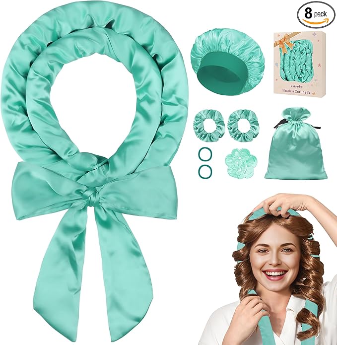 Ystrybo Satin Heatless Hair Curler Curls Overnight Hair Curlers to Sleep in, Hair Curlers No Heat Curls Overnight, Heatless Curling Set for Women Long Hair - 8 Pcs (Green)
