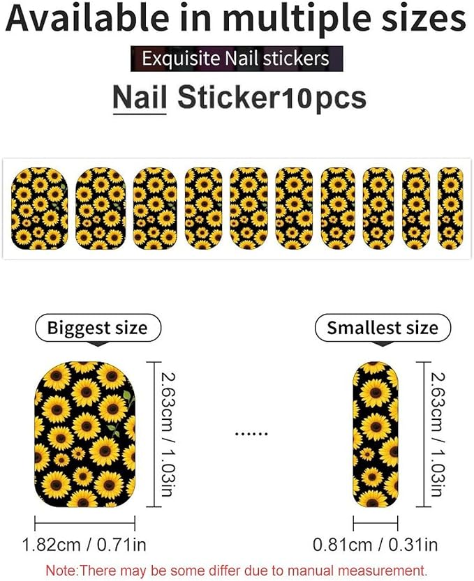 Floral Black Yellow Flowers Sunflower Nails Stickers - 5 PCS, Full Wrap Nail Stickers Wraps Decals Nails Design Manicure Tips Decor for Women