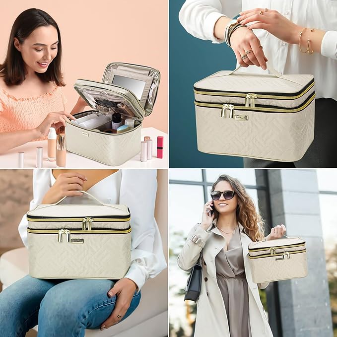 BAFAMYE 8.8L Double Layer Travel Makeup Bag With Mirror For Women, Large Cosmetic Case, Organizer for Travel-Size Accessories Bottles, Brushes,and Skin Care Products, 2.33 GAL, Beige