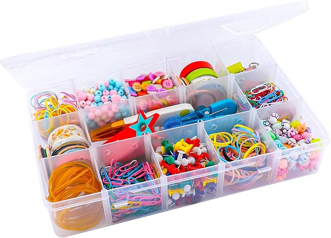 Exptolii 15 Large Grids Plastic Organizer Box with Dividers, Clear Compartment Container Storage for Washi Tapes Beads Crafts Jewelry Fishing Tackles, Size 11 x 6.3 x 2.2 in