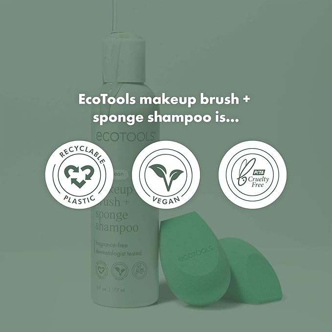 EcoTools XL Makeup Brush + Sponge Shampoo, Removes Makeup, Dirt, & Impurities From Makeup Brushes & Makeup Blending Sponges, Fragrance-Free, Vegan, & Cruelty-Free 16 fl. oz./473 ml, 1 Count, Clear