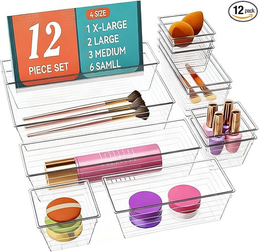 DCA 12 PCS Clear Plastic Drawer Organizer Set, 4 Sizes Makeup organizer, Vanity Organizer for Makeup, Stationery,Gadgets,Kitchen,Bathroom,Office,Bedroom