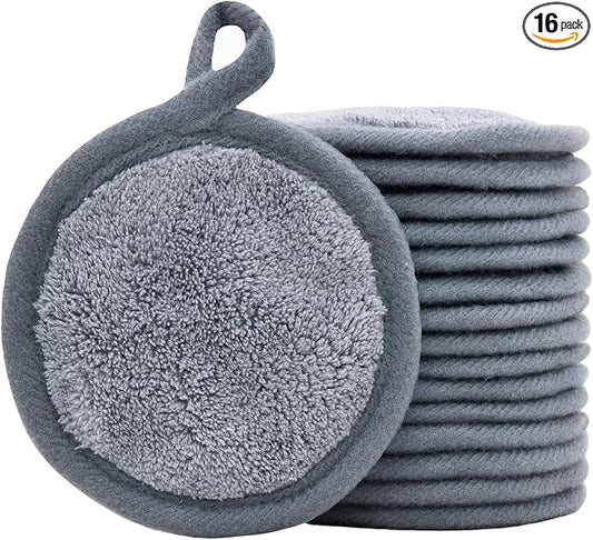 Reusable Makeup Remover Pads 16 Pack Microfiber Cleansing Facial Rounds Wipes Face, Eyes, Lips（3.5inch, grey）