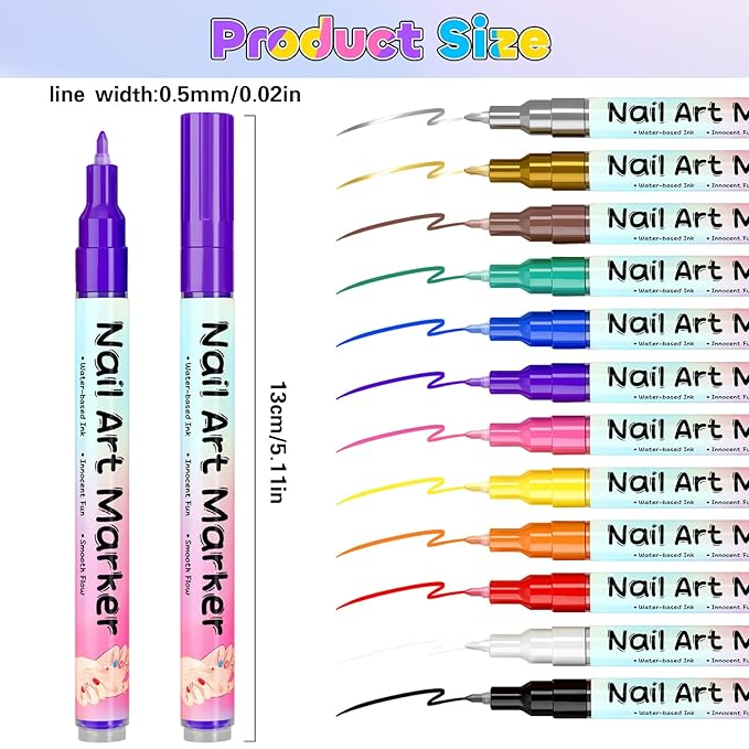 NuSoulra 12 Colors Nail Art Pens Set, Nail Art Markers with 15pcs Nail stickers, 0.5mm Acrylic Painted Pen for Gel Nails,Dotting Painting Pen Quick-drying for DIY Manicure Tools (0.5mm 12color)