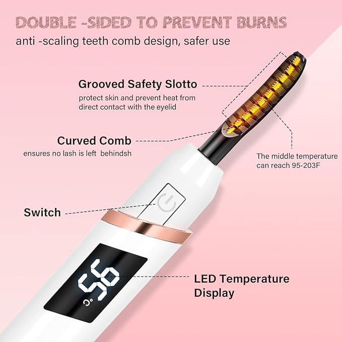 ShenlanBolt Heated Eyelash Curler for Women, Electric Lash Curler with 10s Fast Heating, 4 Adjustable Temp (65°C-95°C), 24H Curl, USB-C Rechargeable, Ergonomic Design, Travel-Friendly Makeup Tool Gift