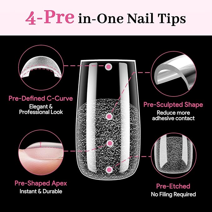 Qiek Medium Square Pre-Building Nail Tips, 15 Sizes 240 PCS Pre-shaped Apex Clear Soft Press On Fake Nail Half Matte Gel Nail Extensions Strong Thick Acrylic Tip for DIY Beginners & Salon Manicure