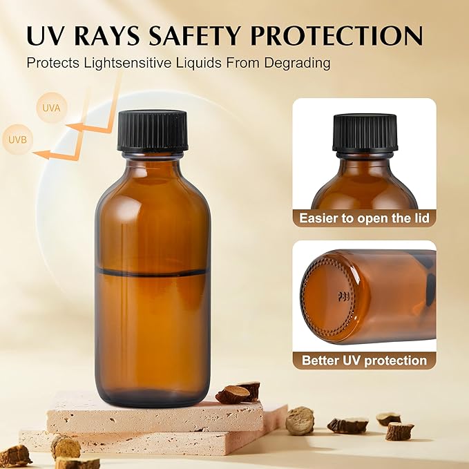 Exlvanto Small Glass Bottles with Lids Boston Round Shot Bottles for Health, Immunity, Ginger Juice, Essential Oils, Potion - Leak Proof Mini Travel Containers (Amber UV, 2oz-48Pack)
