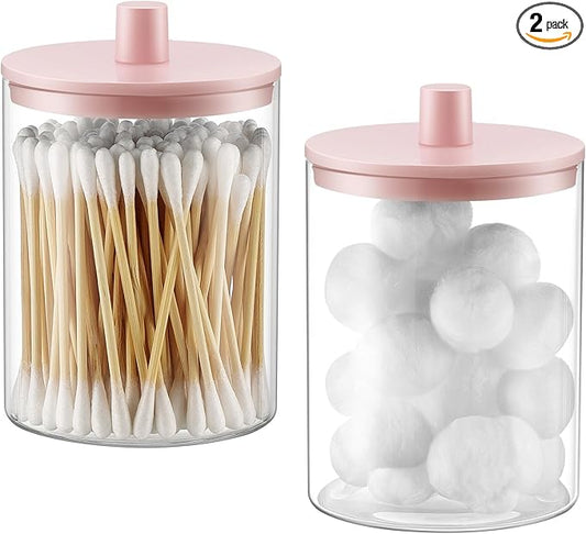 TIPGO Glass Qtip Holder Dispenser for Bathroom - 10 oz Clear Canister Apothecary Jar for Cotton Swabs, Balls, Pads, Floss Picks, Small Containers for Makeup Storage Organizer (2 Pack, Pink)