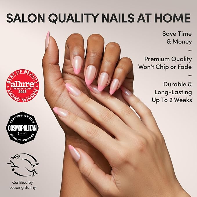 Glamnetic Press On Nails - Bubble Gum Glaze | Short Almond Pink French Tip Nails with a Glaze Finish | 15 Sizes - 30 Nail Kit with Glue