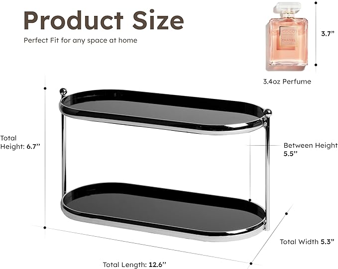 2 Tier Metal Frame Perfume Organizer in black - morden, stylish, minimalist tiered tray for Watch, Jewelry, Brooch Skincare, - Elegant Countertop Display Shelf for Dresser, Vanity, Bathroom