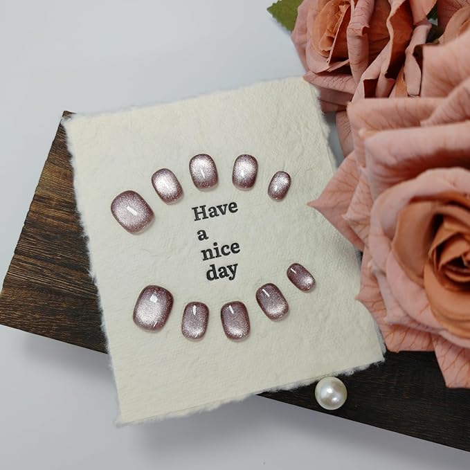Cat Eye Press on Nails Handmade Short Oval/Square/Round False Nails with French Tip/Aurora/Magnetic Shimmer Designs (Shimmer#Sunshine Lily M)