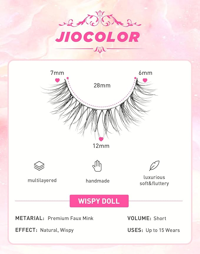 Lashes Natural Look, Wispy Eyelashes, Jiocolor False Eyelashes Natural Look, Fluffy Fake Mink Lashes,12 mm Strip Lashes 10 Pairs D1