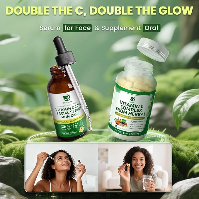 Vitamin C Serum for Face, 20% Brightening Face Serum with Sodium Hyaluronate for Dark Spots & Fine Lines – Support Collagen & Skin Radiance, Plus Vit C Caps for Inside-Out Support, 1 Fl Oz + 60 Caps