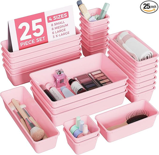 BiuLeon 25 PCS Plastic Drawer Organizers Set, 4-Sizes Vanity and Makeup Organizer, Desk and bathroom Drawer Organizer Trays, Organizers and Storage for Makeup, Jewelry, Gadgets, Utensils (Pink)