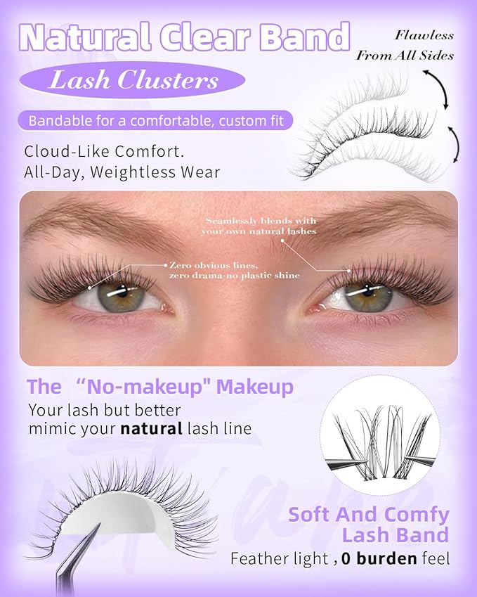 Wtvane Wispy Lash Clusters Natural Eyelash Clusters Venus Short 8-12mm Cluster Eyelash Extensions Invisible Band Cluster Lashes C-Curly Individual Lashes Clusters Extensions Natural Look Daily Wear