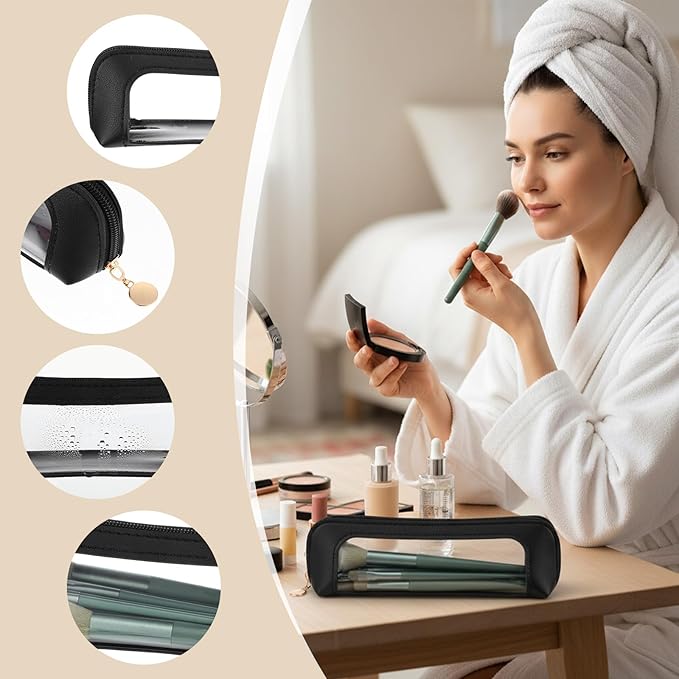 Sibba Small Clear Makeup Bag Travel Makeup Bag PU Leather Make up Brush Case Clear Cosmetic Bags Make up Organizer Zipper Pouch for Women Home Travel Office Cosmetic Storage (Black)