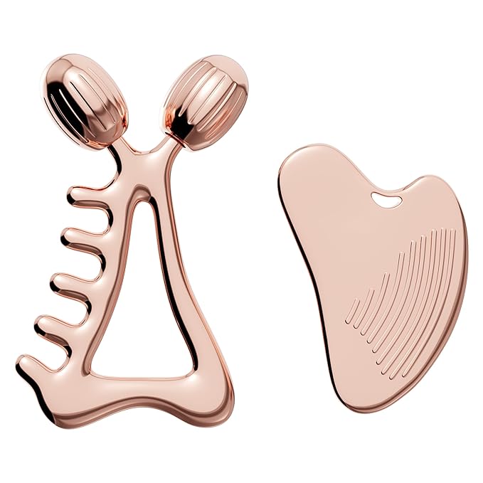 Gua Sha Facial Tools & Face Roller Set, Stainless Steel Facial Massager Tools for Lymphatic Drainage & Face Sculpting, Textured Guasha for Better Grip, Double Chin Reducer, Skincare Gift(RoseGold)