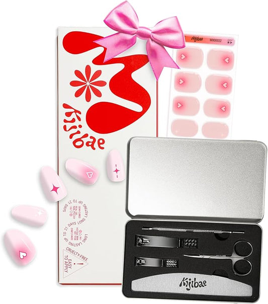 Baby Pink Semi Cured Gel UV Nail Stickers with Stars + Manicure Kit - 24 pcs Trendy Style Gel Polish Strips, 60s UV Gel Nail Strips, Salon Quality, Girl Coquette Nail Decal Wraps Durable up to 3-Weeks